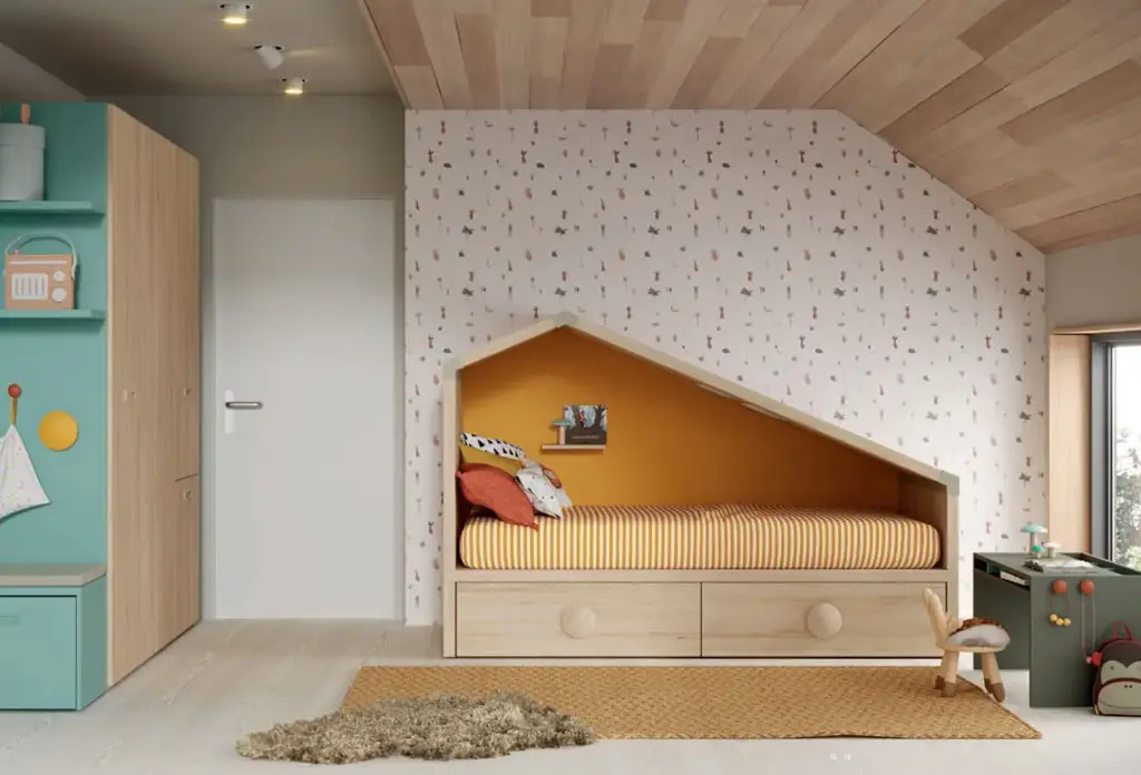 Cama infantil con forma de casita y cajones - Madera natural y mostaza