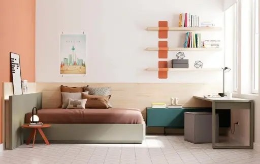 Habitación juvenil con cama, escritorio y estanterías